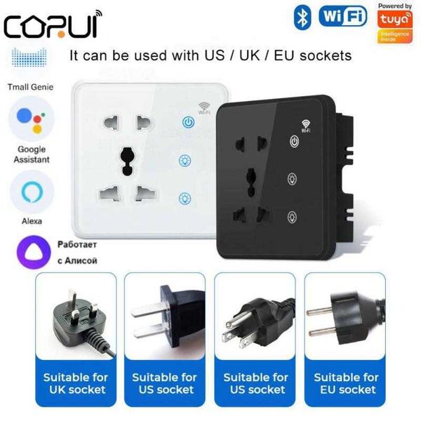 Smart Power Plugs Corui Tuya Wifi Smart Wall Socket 2 Street Lamp Switch EU US UK Función de sincronización de enchufe Alexa Home Control remoto HKD230727