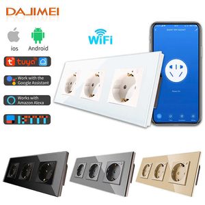 Smart Power Pild Dajimei Eu Russia Standard Triple WiFi Power Monitor Sockets Panneau en verre Sortie murale Alexa Tuya Contrôle de l'application Smart House HKD230727