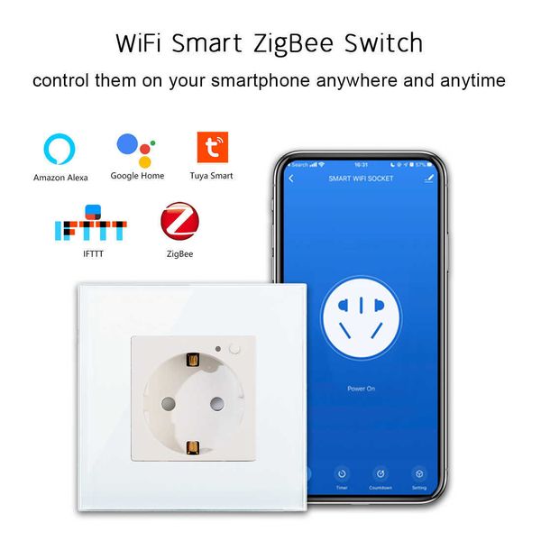 Smart Power Plugs Type EU Zigbee Smart Socket Wall Plug avec un panneau de verre en cristal de luxe 86 mm Travaille avec Home Alexa Smart Life HKD230727