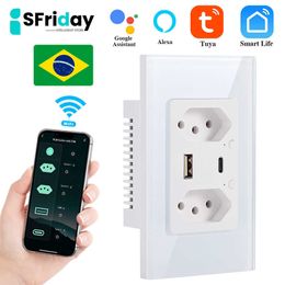 Smart Power Plugs IsFriday Smart Socket WiFi Brazilië Wall Plug met USB Type C Port Individuele besturing Tuya Smart Life App voor Home Alexa HKD230727