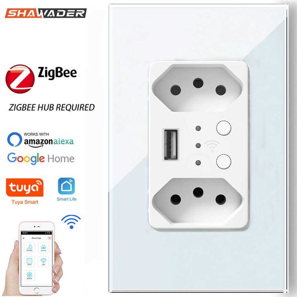 Smart Power Plugs Smart Zigbee Brazilian Wall Socket USB Electric Brazil Plugs Panneau PC Verre Pan Panneau Remote par Tuya Alexa Home Hub Obligation HKD230727