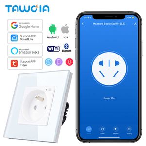 Smart Power Plugs Tawoia WiFi Wall Sockets Franse standaard Glass Power Monitor Sockets Electrical Outlet Work With Alexa Tuya Home Yandex HKD230727