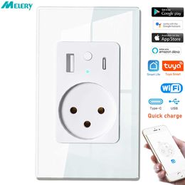 Smart Power Plugs Tuya WiFi Smart Life Israel Power Wall Socket USB 4.8A Type C PD 30W pour iPhone Eu Plug Outlet Glass Pannel by Alexa Home HKD230727