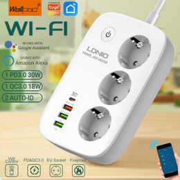 Smart Power Plugs Tuya WiFi Smart Power Strip Eu Plug con 4 USB Typc-C Fast Charge Alexa Home Surge Protector Extenstion 3 Sockets Wallpad HKD230727