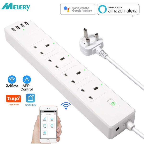 Smart Power Plugs Tuya WiFi Smart Power Strip Protector contra sobretensiones UK Plug Socket Outlets Cable de extensión de 6 pies Control remoto Smartlife Alexa Google Home HKD230727