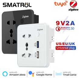 Smart Power Plugs Tuya Zigbee Wall Socket Smart US EU UK PLIG TEMPERED Glass Charger 3.0 USB Charging Timing App Electrical For Home Alexa HKD230727