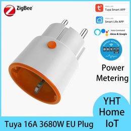 Smart Power Plugs Tuya Zigbee3.0 16A Medición de potencia WiFi EU Smart Plug Surger Protection funciona con Alexa App Direct No se requiere HUB HKD230727
