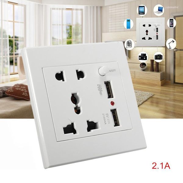 Enchufes de alimentación inteligentes Enchufe de pared universal Puertos duales DC 5V Carga USB Placa de panel de 5 orificios Blanco con botón de encendido / apagado