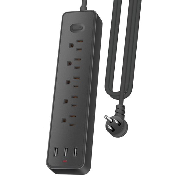 Prises d'alimentation intelligentes Multiprise USB avec prises multiples Protection contre les surtensions à 5 prises et 3 ports de chargement USB en noir Liste UL