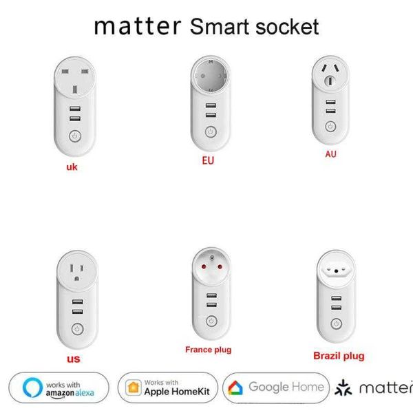 Smart Power Plugs WiFi Matter Smart Plug Eu US AU UK 16A 110V-240V POWER PORTICE PORTERIE avec 2 ports USB avec Apple Homekit Alexa Home HKD230727