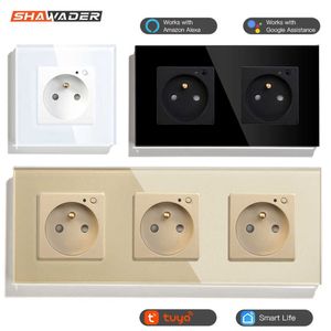 Smart Power Plugs WiFi Tuya Smart FR Wall Socket Glass Glass Crystal Panel Pannets France Français Sockets sans fil télécommande avec Alexa Home HKD230727