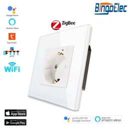 Smart Power Plugs Zigbee Smart Eu Socket WiFi WiFi Glass Panel Work with Home Smart Life Alexa Blue Backlight HKD230727