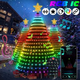 Smart RGB ledstrips licht IC Kerstboomverlichting Multicolor Fairy Star Strings Waterval APP Bluetooth Yard Holiday DIY Geprogrammeerd