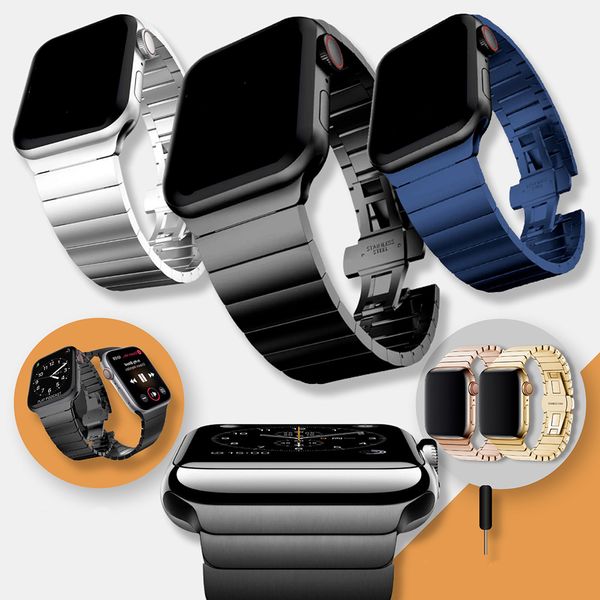 Bracelet à maillons intelligent en acier inoxydable, fermoir papillon, accessoires portables pour Apple Watch Series 3 4 5 6 7 8 SE Ultra iWatch 41 45 49 mm