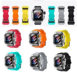 SMART BANDEN Transparant pantser Case Fluor Rubber Integrated Strap Kit Watch Cover Watch Band Band Blacelet Fit IWatch 8 7 6 SE 5 4 voor Apple Watch 44 45mm polsbandje