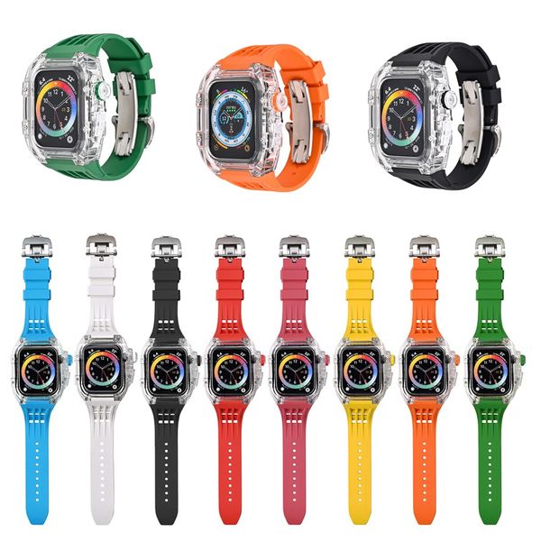Smart Bandjes Transparante Case Fluor Rubber Geïntegreerde Band Mod Kit Horloges Cover Horlogeband Band Armband Fit iWatch 8 7 6 5 4 Voor Apple Watch 44 45mm Polsband
