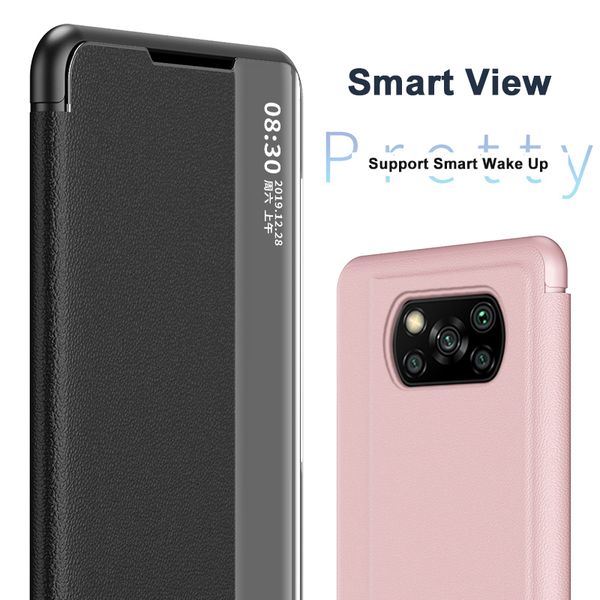 Smart View Flap Cases para Xiaomi Mi Poco X3 Nfc Luxury PU Leather Side Window Stand Case para Redmi Note 9 9s 9a 9c Contraportada