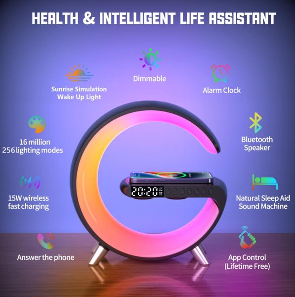 Smart Wake Up Light Sunrise Alarm Clcok con 15w Cargador inalámbrico de carga rápida Altavoz Bluetooth para adultos con sueño pesado Ambiente L6435419