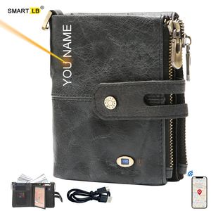 Cartera inteligente GPS Registro Bluetooth Rastreador compatible Cuero genuino Hombres Carteras Moneda Cremallera Monedero Titular de la tarjeta Grabado gratis 220217