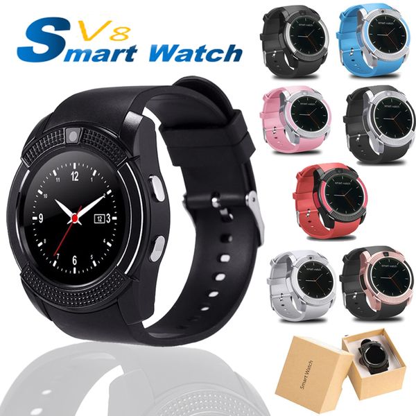 Reloj inteligente V8 Bluetooth Relojes deportivos Mujeres Damas Rel Gio con cámara Ranura para tarjeta Sim Teléfono Android Pk Dz09 Y1 A1