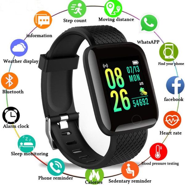 Smart Watch116plus Hombres Presión arterial Pulsera impermeable Mujeres Monitor de ritmo cardíaco Rastreador de ejercicios Reloj deportivo para Android IOS pulsera