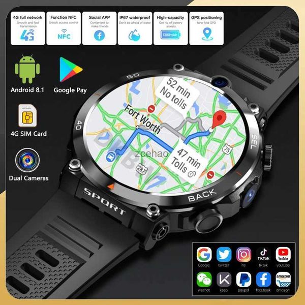 Montres intelligentes 1,39 pouces double caméra montre intelligente 4G réseau GPS Wifi carte SIM NFC 64G-ROM Google Play IP67 Android hommes femmes mode Smartwatch