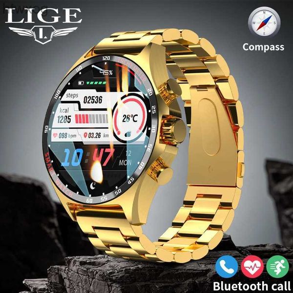 Relojes inteligentes LIGE 2023 Reloj inteligente para Porsche Smart Watch Hombres Relojes digitales Brújula deportiva al aire libre y NFC Bluetooth Llamada Reloj de pulsera Dorado YQ240125