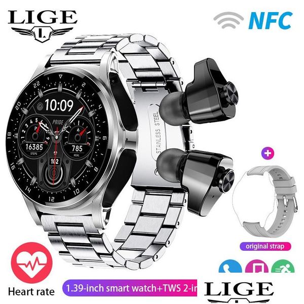 Montres intelligentes Newst Lige NFC Smartwatch TWS Casque Bluetooth Deux-en-un 1.39Hd Affichage IP67 Moniteur de fréquence cardiaque étanche Sports masculins DH8NW