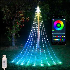 Guirlande lumineuse LED cascade intelligente RGB, 9x2.8m, lumière féerique de noël, application Bluetooth, flux d'eau, avec étoile, guirlande d'arbre de jardin extérieur