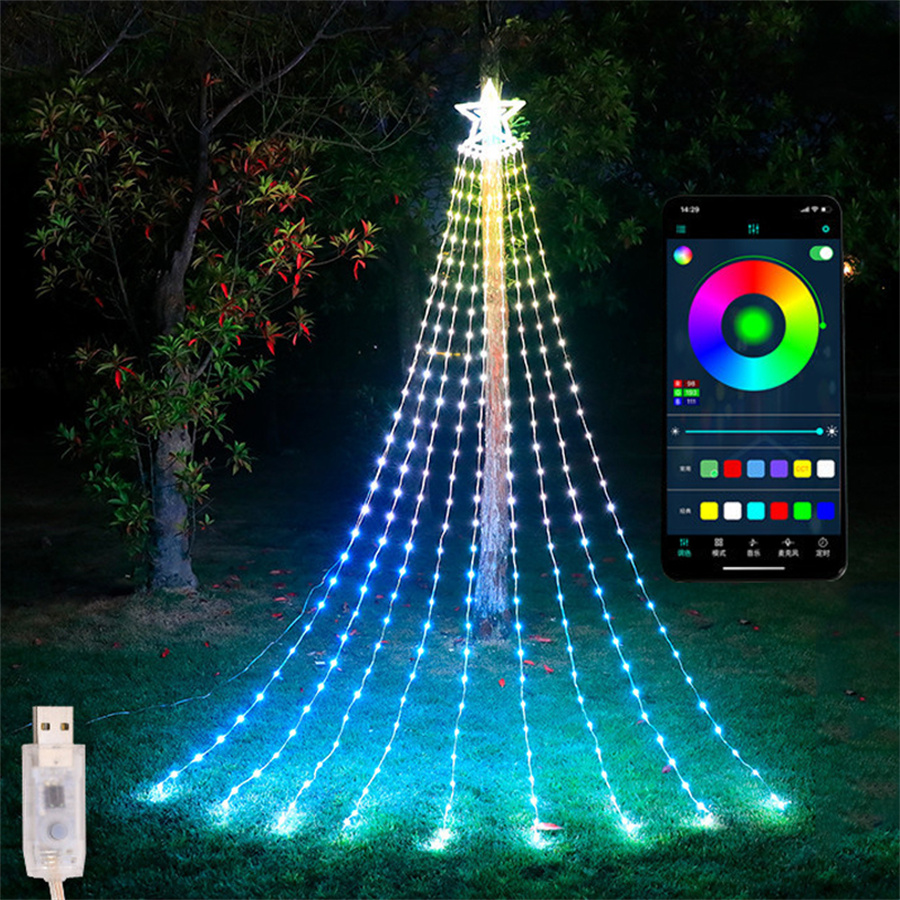 Smart Waterfall LED Strings RGB Christmas Fairy Light 9x2,8m Bluetooth App vattenflödessträng Ljus med stjärna utomhus trädgård träd krans