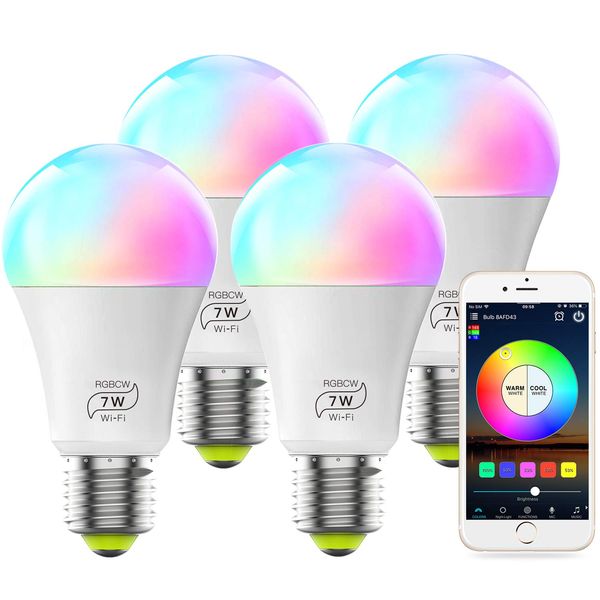 Ampoule WiFi intelligente, aucun hub requis, lumière intelligente LED RGBCW multicolore à intensité variable E27 A19 7 W (équivalent 60 W), compatible avec Alexa Google Home