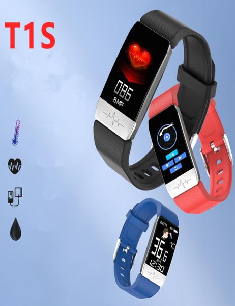 Pulseras inteligentes Banda T1S con medida Temperatura corporal ECG PPG Rastreador de ejercicios Presión arterial Reloj de pulsera Bluetooth para teléfono 7909500