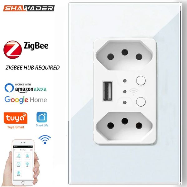 Smart Zigbee Prise murale brésilienne USB Électrique Brésil Prises de courant PC Panneau de verre Répéteur de signal À distance Tuya Alexa Home 240228