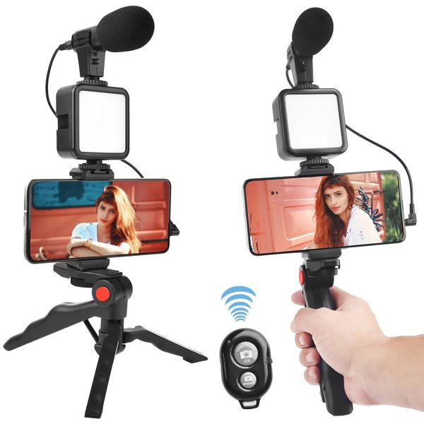 Smartphone Vlogging Kits Conjunto de control remoto inalámbrico LED Video Light Micrófono trípode con soporte telefónico para YouTube Tik Tok