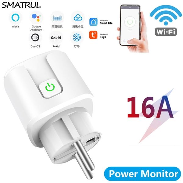 SMATRUL Tuya WiFi Smart Plug 16A 220V Adaptador inalámbrico Control remoto de voz Monitor de potencia Temporizador Socket Home Kit para Alexa 210724