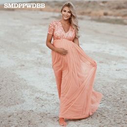 SMDPPWDBB accessoires de photographie de maternité robe de maternité à manches courtes robe de maternité en mousseline de soie col en V rose séance photo enceinte