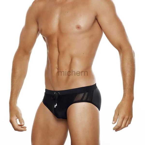 Smdy Men's Swimwear Uxh Mens Bikini avec push-up Sexy Bulge Enhancing Hollow Out Pure Black Translucent Swimming Briefs