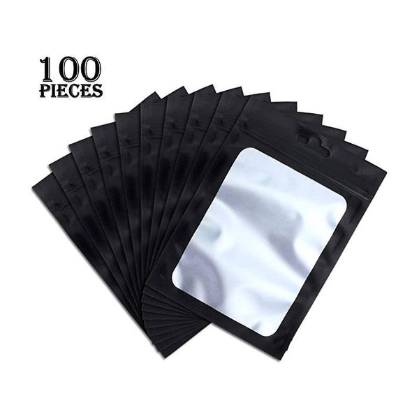 Envío gratis a prueba de olores, bolsas de papel de aluminio resellables de Mylar sin olor, con ventana transparente, negro mate, seguro para alimentos, hermético