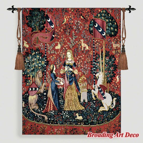 ODEUR - La Dame la Licorne Médiévale Tapisserie Tenture Jacquard Tissage Gobelin Home Art Décoration Coton 100% 139*105cm 210609