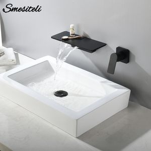 Smesiteli Cascada Latón Mate Negro Montado en la pared Agua caliente y fría Baño Bañera Lavabo Grifo T200710