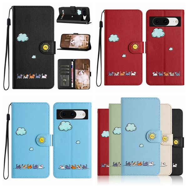 Custodie a portafoglio in pelle PU Smile Cat per Samsung S24 Ultra Plus A05S A15 A35 A24 A25 Google Pixel 8 Pro 7 7A 6A Cute Clound Sun Flip Cover Custodia per porta carte d'identità animale