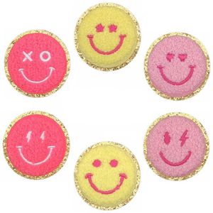 Smile Face Patch Iron en noción de costura Linda hierro en parches Glitter de 2 pulgadas Chenille Preppy Applique de cara feliz para sombreros Mochila mochila Jeckets Ropa Diy Artesanía