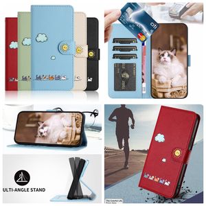 Smile Face Sun PU lederen portemonnee hoesjes voor Xiaomi 13T Redmi 13C 4G 5G Note 13 Pro Plus Samsung A55 Kat schattig Clound Sun Flip Cover Animal ID-kaartsleufhouder Boeketui