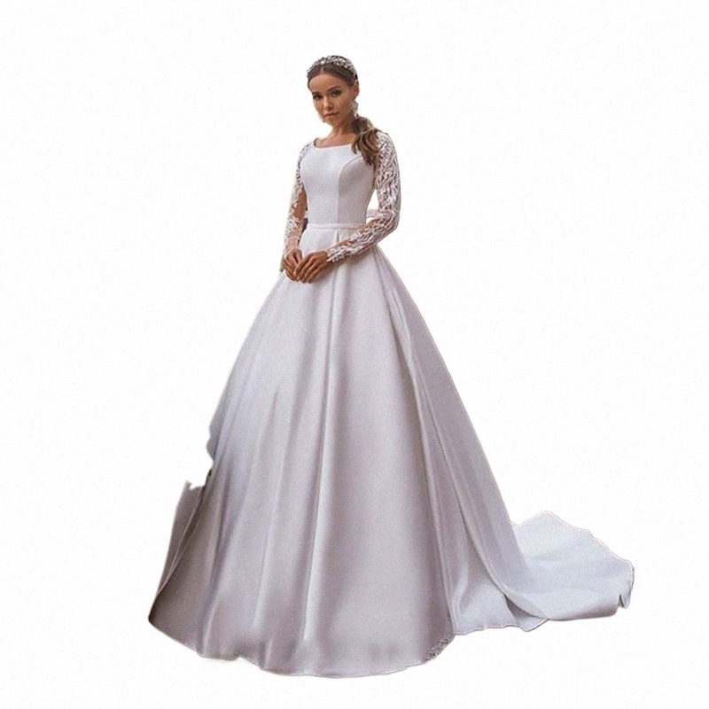 Smileven Satin Princion Wedding Dreslg Sleeve Line Lace Bride Dr Robe de Mariage Boho Style Made H87Q#