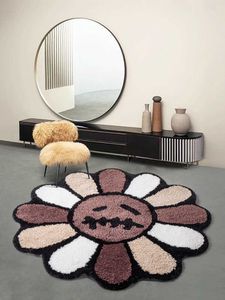 Smiley gezicht getuft tapijt bloem kunst tapijt voor slaapkamer woonkamer retro regenboog pluizige badkamer tapijt antislip mat Home decor HKD230809