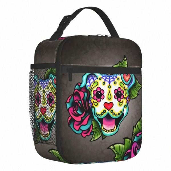 Sonriendo Pit Bull en blanco Bolsa de asas aislada para el almuerzo Día de los muertos Pitbull Skull Dog Terrier Refrigerador térmico portátil Bento Box N7H1 #