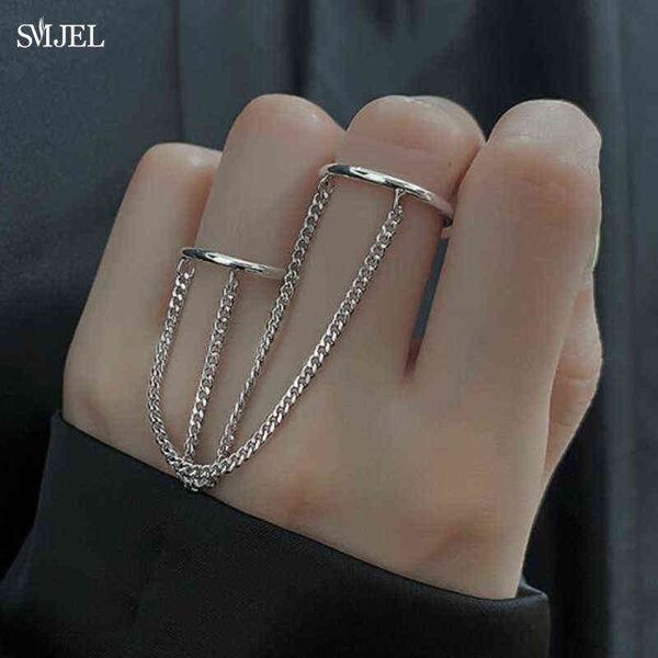 SMJEL Punk Cool Double Anneau avec Chaîne Hip Pop Multi-couche Réglable Ouvert Anneaux Femmes Bijoux Fête D'anniversaire Cadeaux Meilleur Ami G1125