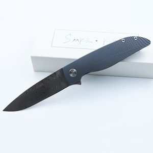 Smke Messen Rask Flipper Zakmes Damascus Blade Blauw Geanodiseerd Titanium Handvat Survival Tactische Zakmes Outdoor Camping Gereedschap