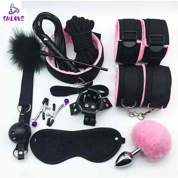 SMLOVE Menottes Pour Collier Fouet Gag Pinces À Mamelon BDSM Bondage Corde Érotique Adulte Femme Couples Anal Butt 210722306o