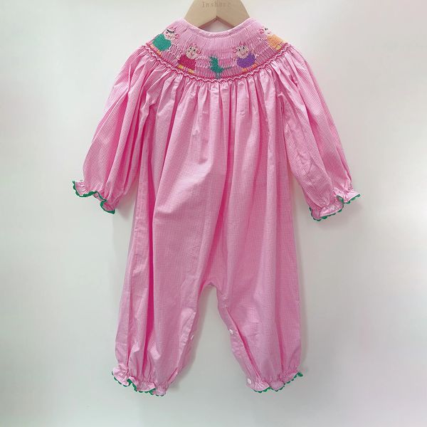 Курточный комбинезон с вышивкой поросенка динозавра, бутик, детская одежда, длинный рукав из чесаного хлопка, розовый милый наряд, весна-осень 231226